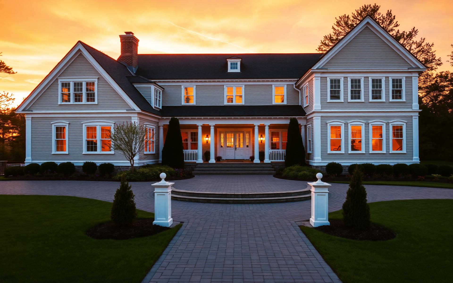 Luxury New England colonial home at sunset